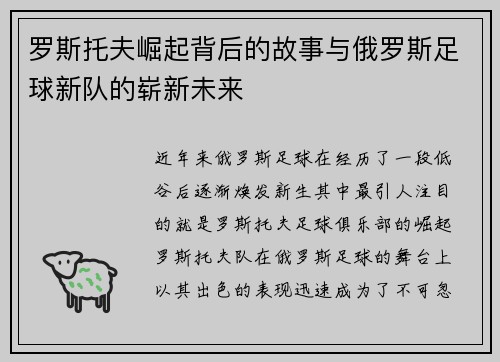罗斯托夫崛起背后的故事与俄罗斯足球新队的崭新未来 罗斯托夫崛起背后的故事与俄罗斯足球新队的崭新未来