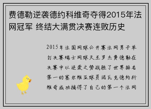 费德勒逆袭德约科维奇夺得2015年法网冠军 终结大满贯决赛连败历史
